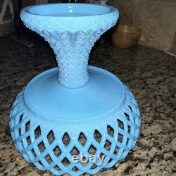 Vintage Fenton BLUE MILK GLASS PEDESTAL OPEN LATTICE FRUIT BOWL COMPOTE-RARE