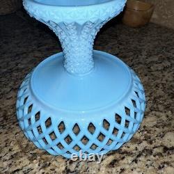 Vintage Fenton BLUE MILK GLASS PEDESTAL OPEN LATTICE FRUIT BOWL COMPOTE-RARE