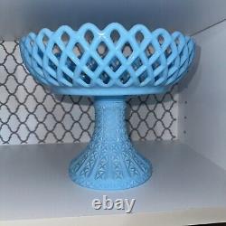 Vintage Fenton BLUE MILK GLASS PEDESTAL OPEN LATTICE FRUIT BOWL COMPOTE-RARE