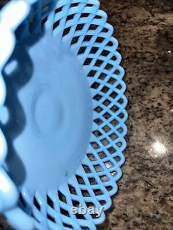 Vintage Fenton BLUE MILK GLASS PEDESTAL OPEN LATTICE FRUIT BOWL COMPOTE-RARE