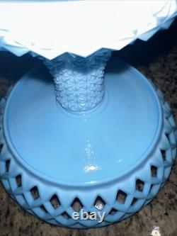 Vintage Fenton BLUE MILK GLASS PEDESTAL OPEN LATTICE FRUIT BOWL COMPOTE-RARE