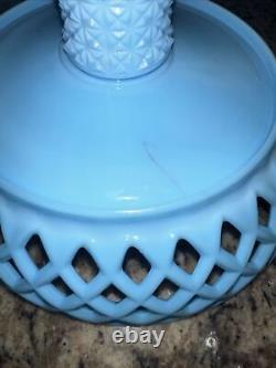 Vintage Fenton BLUE MILK GLASS PEDESTAL OPEN LATTICE FRUIT BOWL COMPOTE-RARE