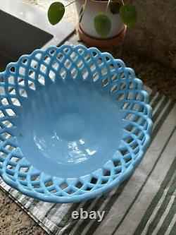 Vintage Fenton BLUE MILK GLASS PEDESTAL OPEN LATTICE FRUIT BOWL COMPOTE-RARE