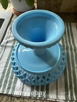 Vintage Fenton BLUE MILK GLASS PEDESTAL OPEN LATTICE FRUIT BOWL COMPOTE-RARE