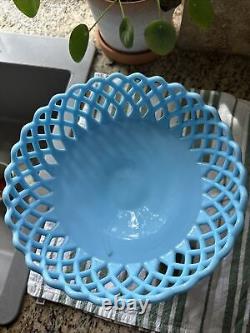 Vintage Fenton BLUE MILK GLASS PEDESTAL OPEN LATTICE FRUIT BOWL COMPOTE-RARE