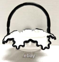 Vintage Fenton Basket Ebony Crest White Milk Glass Crimp Ruffle MINT Cond RARE
