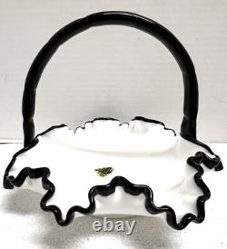 Vintage Fenton Basket Ebony Crest White Milk Glass Crimp Ruffle MINT Cond RARE