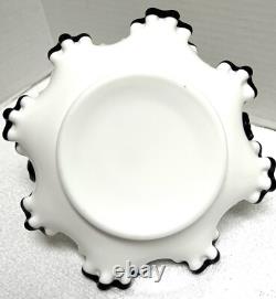 Vintage Fenton Basket Ebony Crest White Milk Glass Crimp Ruffle MINT Cond RARE