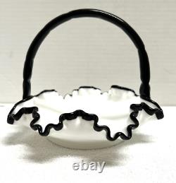 Vintage Fenton Basket Ebony Crest White Milk Glass Crimp Ruffle MINT Cond RARE