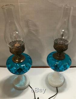 Vintage Fenton Blue Coin Dot Milk Glass Hurricane Electric Lamp WORKS