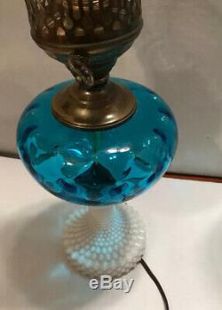 Vintage Fenton Blue Coin Dot Milk Glass Hurricane Electric Lamp WORKS