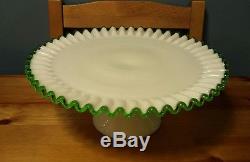 Vintage Fenton Bright Emerald Green Crest Cake Plate Stand White Milk Glass WOW