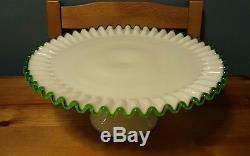 Vintage Fenton Bright Emerald Green Crest Cake Plate Stand White Milk Glass WOW