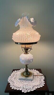 Vintage Fenton Cabbage Rose Electric Student Lamp White Marble Base 19 1/2 Tall