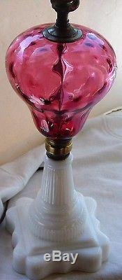 Vintage Fenton Cranberry & White Milk Glass Base Electric Lamp