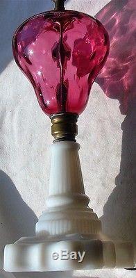 Vintage Fenton Cranberry & White Milk Glass Base Electric Lamp