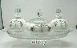 Vintage Fenton Dresser Set 7pcs. Beaded Melon HP Roses Aqua On White Crystal