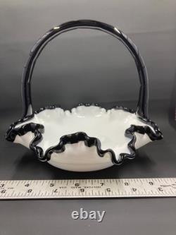 Vintage Fenton Ebony Crest Handled Basket Ruffled Hard To Find Milk Glass Black