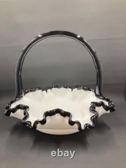 Vintage Fenton Ebony Crest Handled Basket Ruffled Hard To Find Milk Glass Black