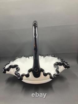 Vintage Fenton Ebony Crest Handled Basket Ruffled Hard To Find Milk Glass Black