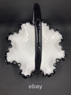 Vintage Fenton Ebony Crest Handled Basket Ruffled Hard To Find Milk Glass Black
