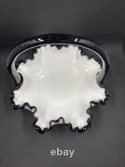Vintage Fenton Ebony Crest Handled Basket Ruffled Hard To Find Milk Glass Black