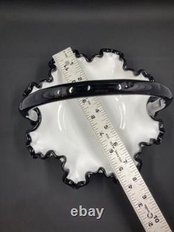 Vintage Fenton Ebony Crest Handled Basket Ruffled Hard To Find Milk Glass Black