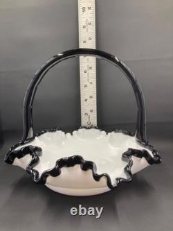 Vintage Fenton Ebony Crest Handled Basket Ruffled Hard To Find Milk Glass Black