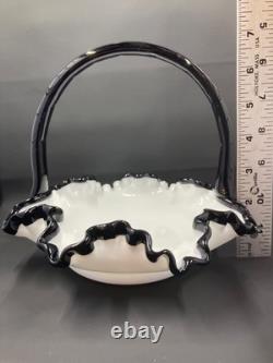 Vintage Fenton Ebony Crest Handled Basket Ruffled Hard To Find Milk Glass Black