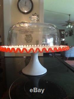 Vintage Fenton Flame Crest Red Cake Plate Stand Cup Cakes 13 Milk Glass