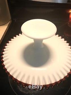 Vintage Fenton Flame Crest Red Cake Plate Stand Cup Cakes 13 Milk Glass