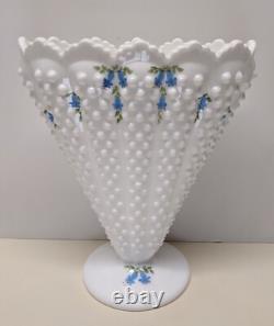 Vintage Fenton Glass Blue Bells White Milk Glass Hobnail Fan Vase