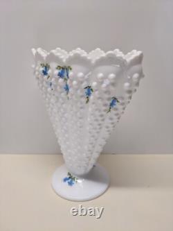 Vintage Fenton Glass Blue Bells White Milk Glass Hobnail Fan Vase