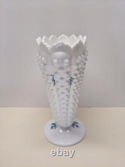 Vintage Fenton Glass Blue Bells White Milk Glass Hobnail Fan Vase