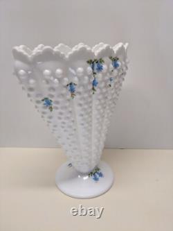 Vintage Fenton Glass Blue Bells White Milk Glass Hobnail Fan Vase