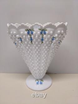 Vintage Fenton Glass Blue Bells White Milk Glass Hobnail Fan Vase