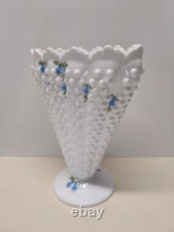 Vintage Fenton Glass Blue Bells White Milk Glass Hobnail Fan Vase