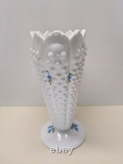 Vintage Fenton Glass Blue Bells White Milk Glass Hobnail Fan Vase