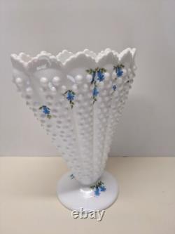 Vintage Fenton Glass Blue Bells White Milk Glass Hobnail Fan Vase
