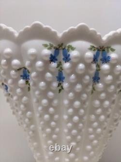 Vintage Fenton Glass Blue Bells White Milk Glass Hobnail Fan Vase