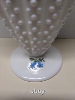 Vintage Fenton Glass Blue Bells White Milk Glass Hobnail Fan Vase