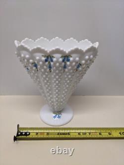 Vintage Fenton Glass Blue Bells White Milk Glass Hobnail Fan Vase