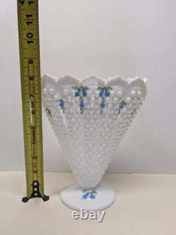 Vintage Fenton Glass Blue Bells White Milk Glass Hobnail Fan Vase