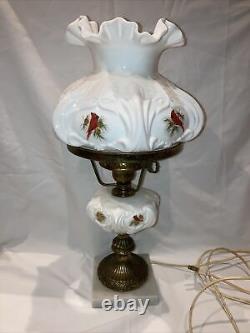 Vintage Fenton Hand-Painted Signed Cardinals in Winter Milk Glass Student Lamp