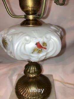 Vintage Fenton Hand-Painted Signed Cardinals in Winter Milk Glass Student Lamp