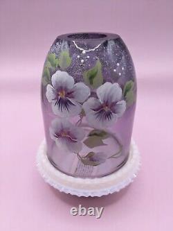 Vintage Fenton Handpainted Fairy Lamp Purple With Pansies White Milk glass