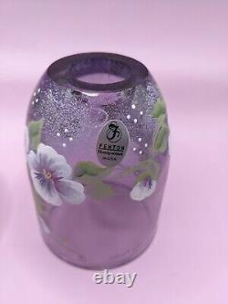 Vintage Fenton Handpainted Fairy Lamp Purple With Pansies White Milk glass