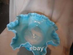 Vintage Fenton Hobnail Blue And White Slag Glass Ruffled Large Compote Bowl