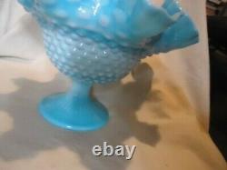 Vintage Fenton Hobnail Blue And White Slag Glass Ruffled Large Compote Bowl