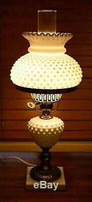 Vintage Fenton Hobnail Brass Milk Glass Lamp with Marble Base and Fenton Label